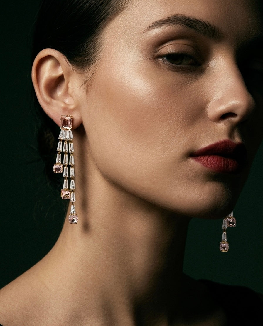 Rhine Stone Waterfall Gold Earrings