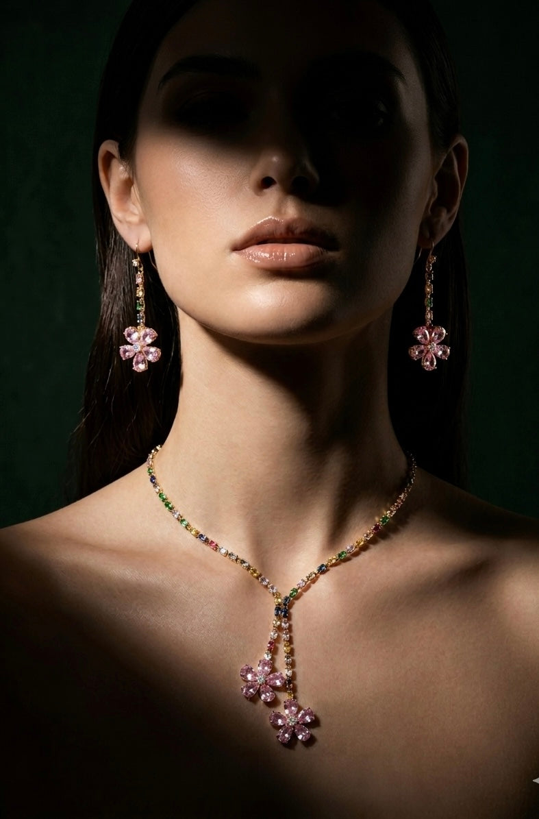 Multicolour Floral Diamond Pendant Necklace Set