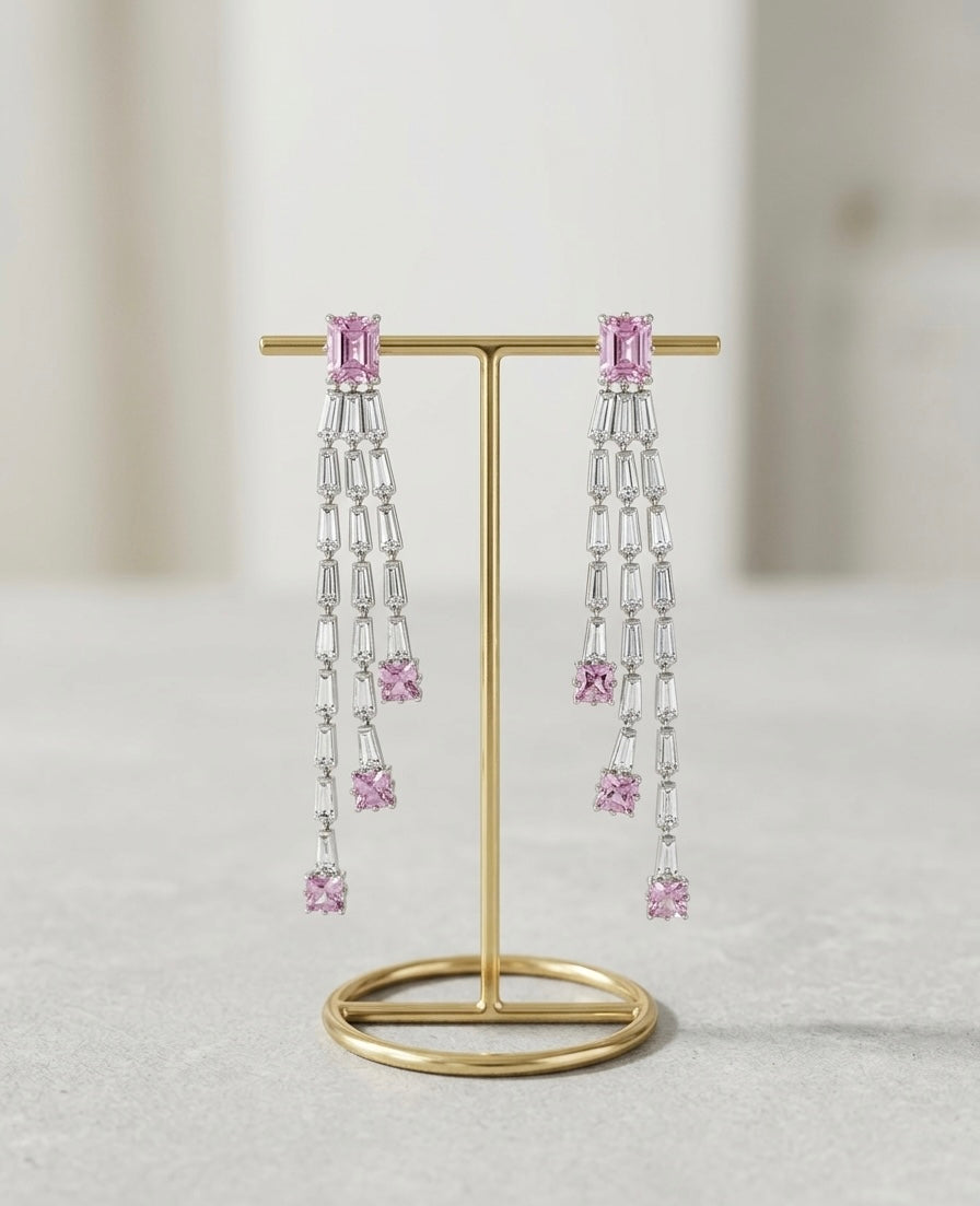 Rhine Stone Waterfall Silver Earrings