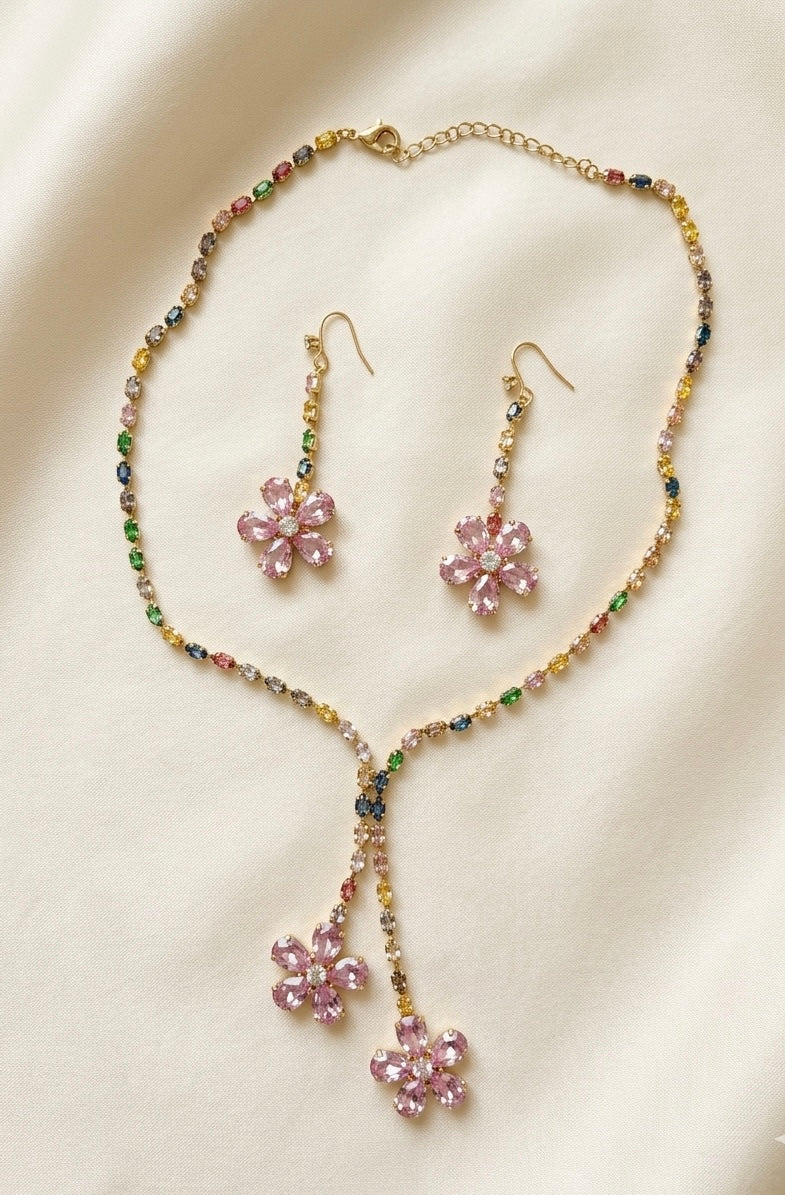 Multicolour Floral Diamond Pendant Necklace Set