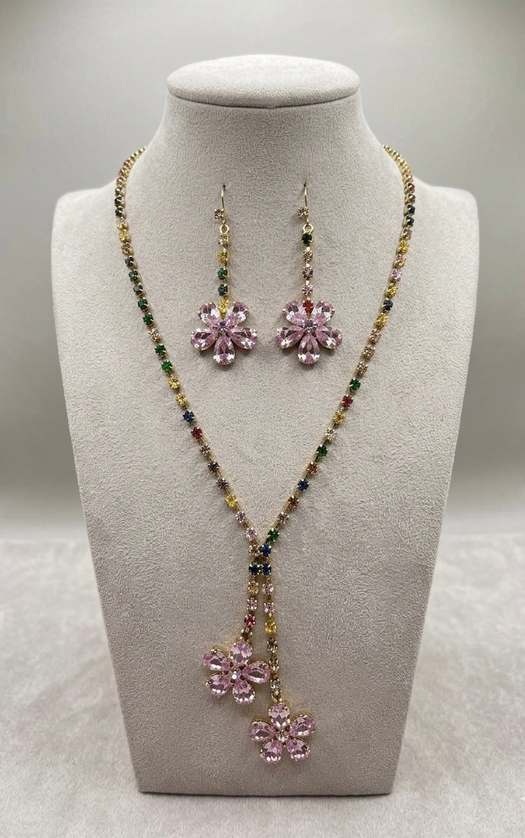 Multicolour Floral Diamond Pendant Necklace Set