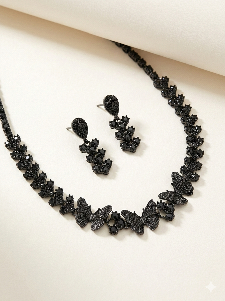 Black American Diamond Butterfly Necklace Set