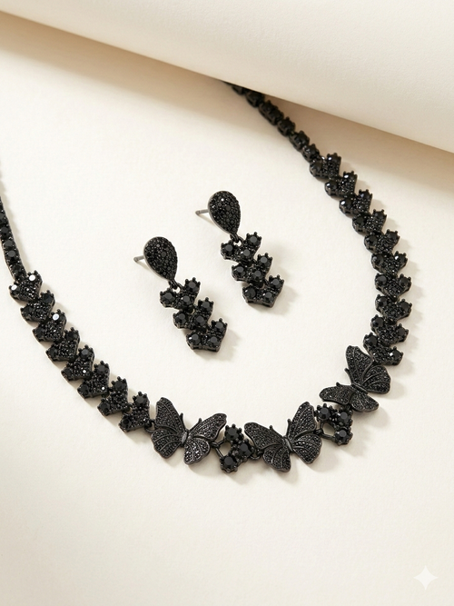 Black American Diamond Butterfly Necklace Set