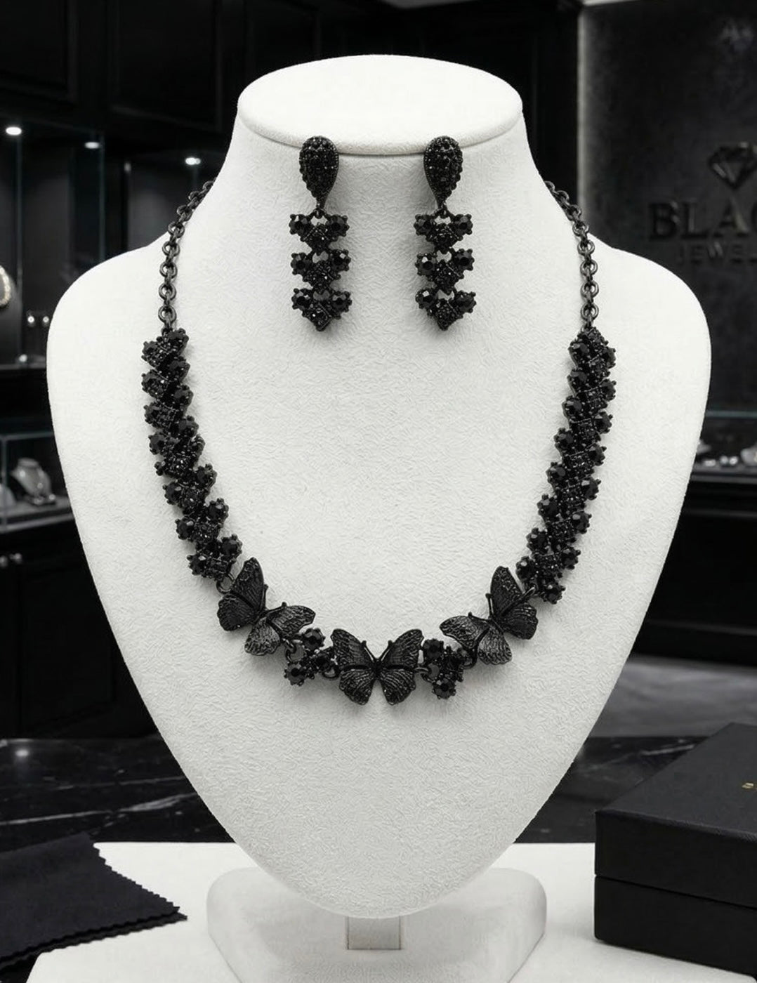 Black American Diamond Butterfly Necklace Set