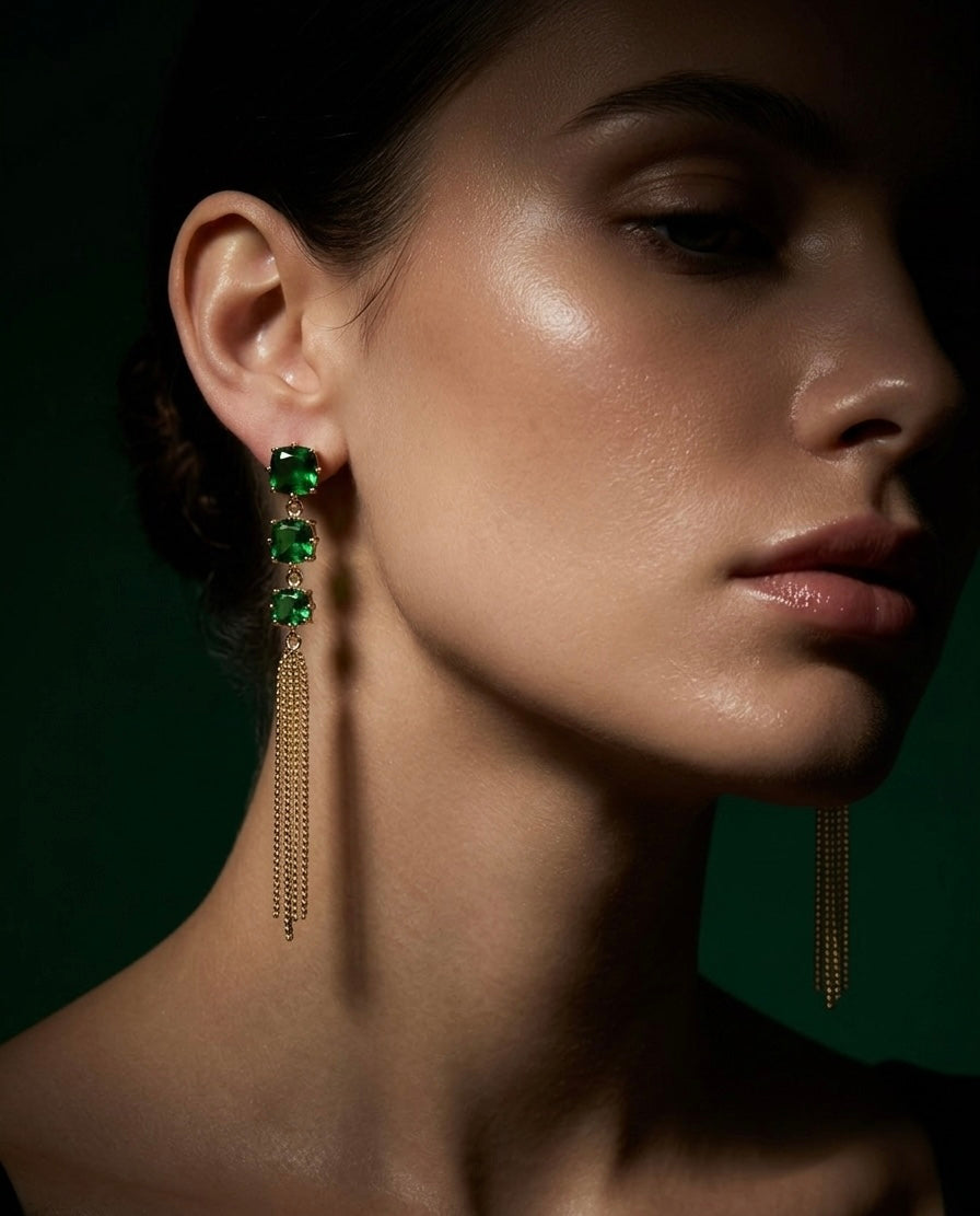 Three-Tier Green Crystal Drop Earrings