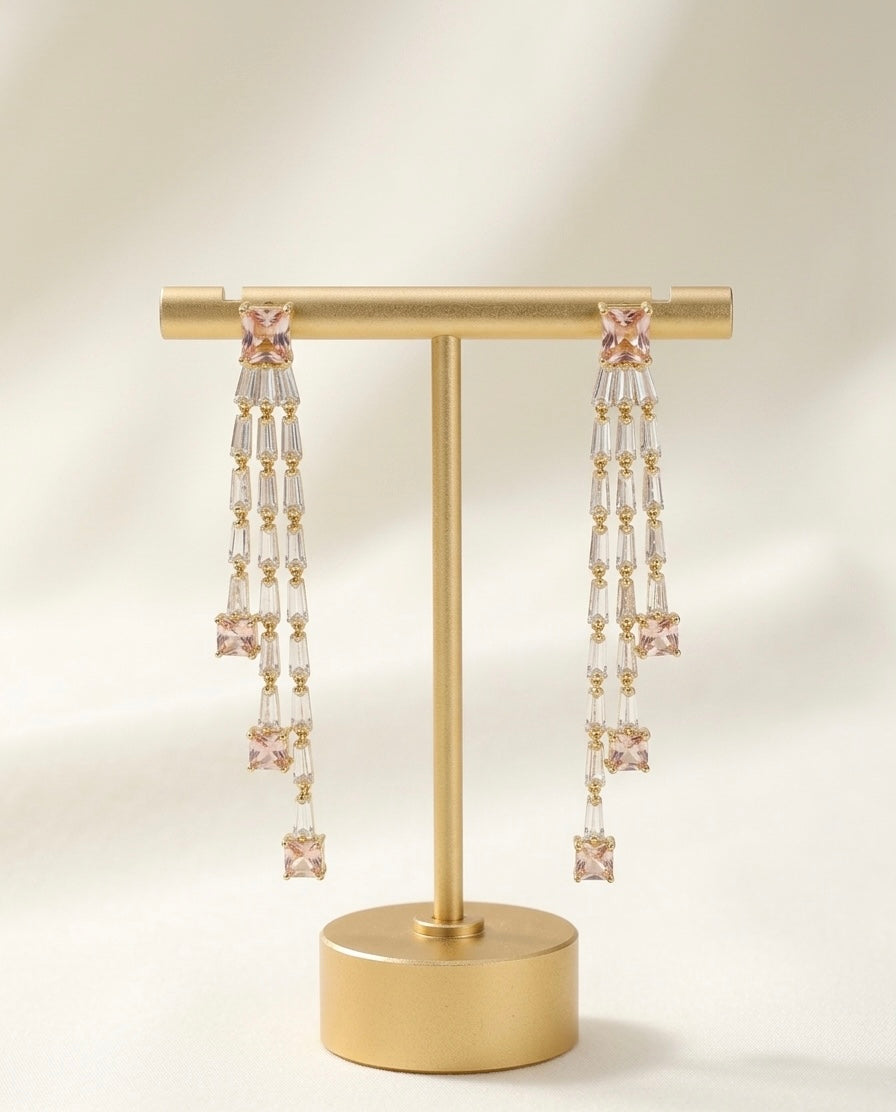 Rhine Stone Waterfall Gold Earrings