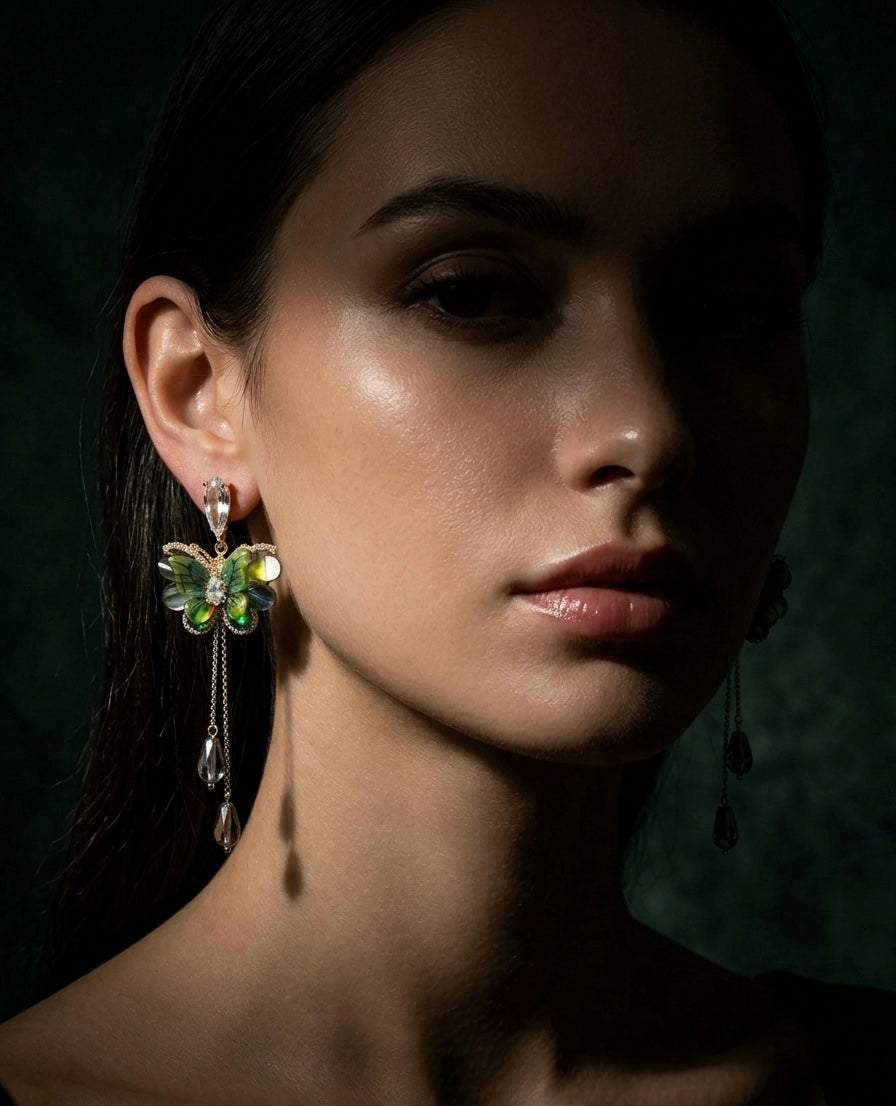 Green Butterfly Drops Earrings