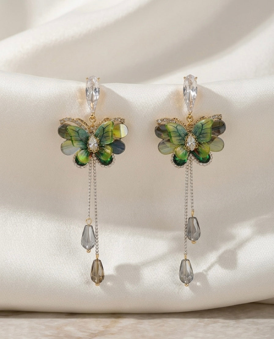 Green Butterfly Drops Earrings