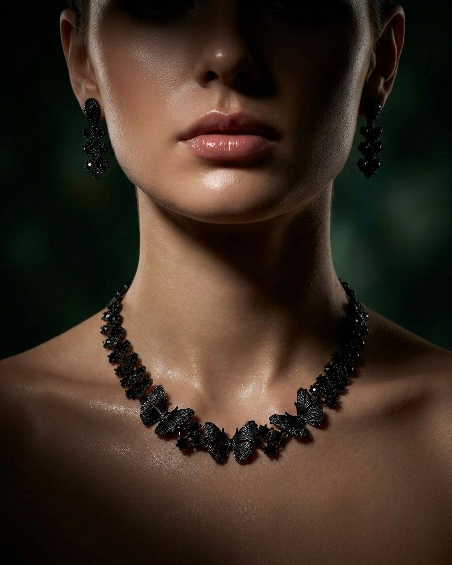 Black American Diamond Butterfly Necklace Set