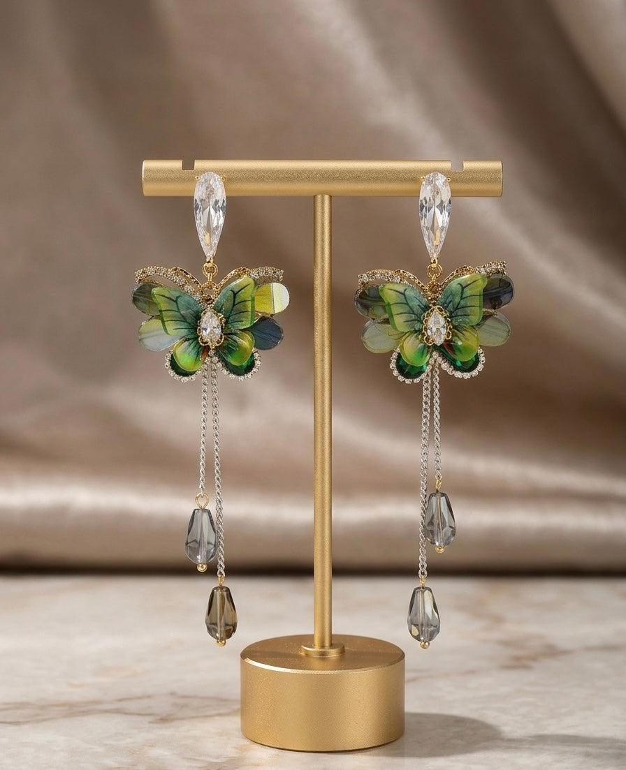 Green Butterfly Drops Earrings