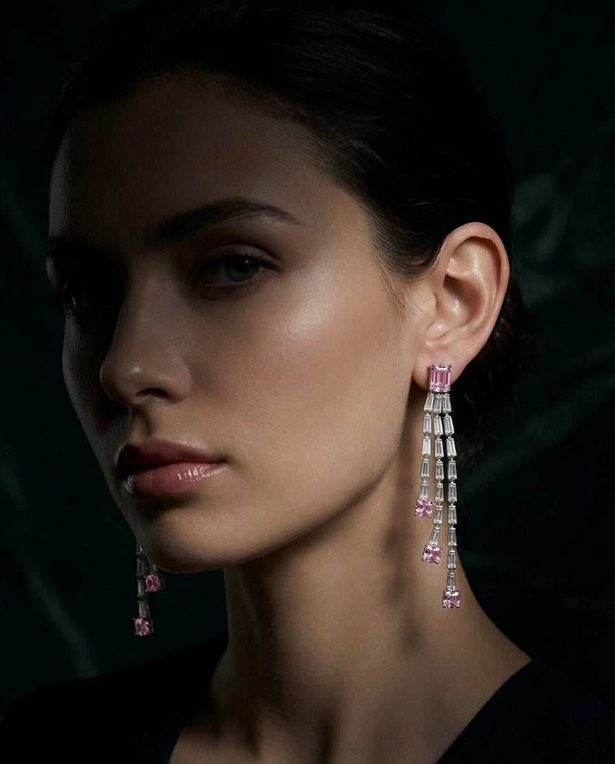 Rhine Stone Waterfall Silver Earrings